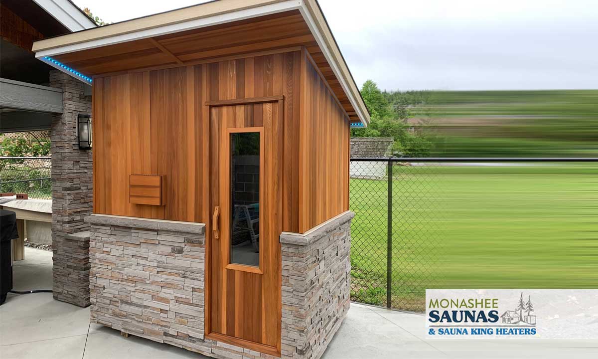 Custom traditional outdoor sauna with shed style roof.